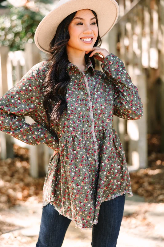 No Surprise Here Olive Green Ditsy Floral Corduroy Blouse Collared Satin Blouse