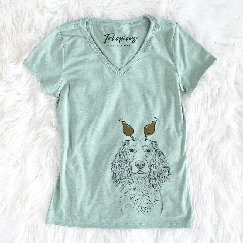 Thanksgiving Landry the Boykin Spaniel - Women's V-neck Shirt-- Striped Floral Plaid Thanksgiving Landry the Boykin Spaniel - Women's V-neck Shirt-- Striped Floral Plaid