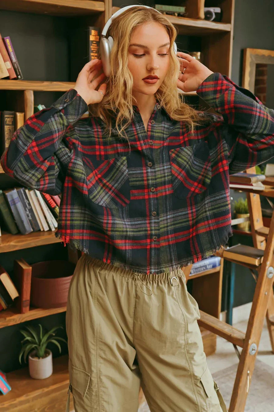 CORY CROPPED PLAID BUTTON-DOWN SHIRT WITH FRAYED HEM-- Fleece Fabric Down Fabric Feather Fabric CORY CROPPED PLAID BUTTON-DOWN SHIRT WITH FRAYED HEM-- Fleece Fabric Down Fabric Feather Fabric