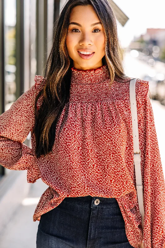 Make It Yours Rust Orange Ditsy Floral Blouse Frilled Cuff Blouse
