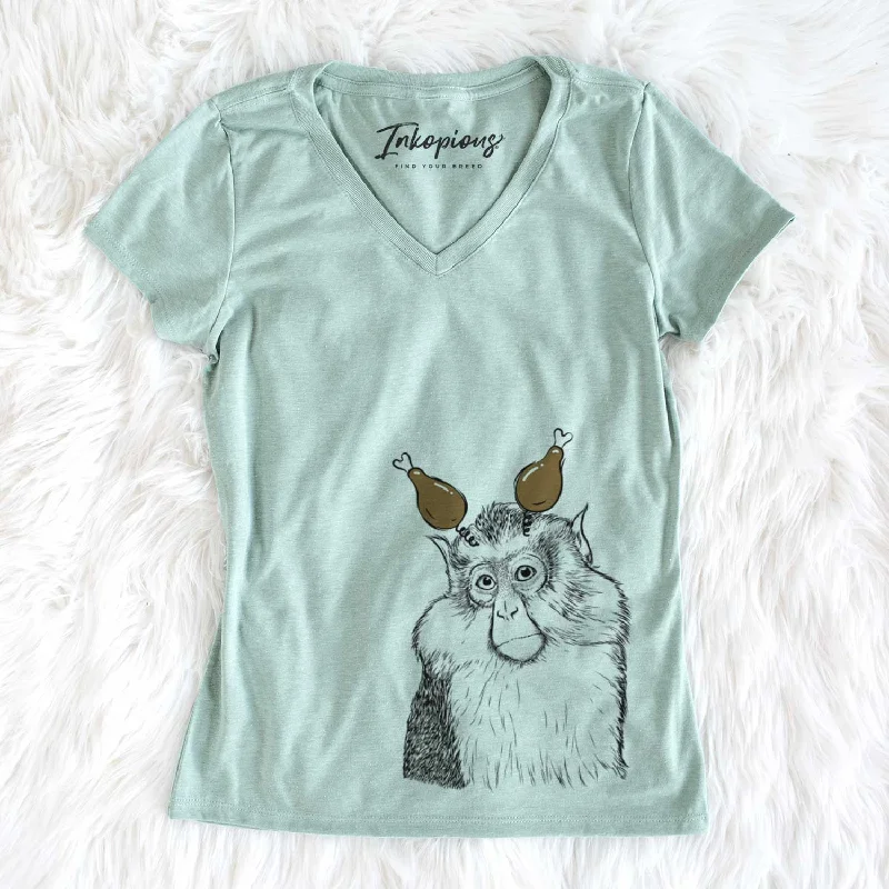 Thanksgiving Matata the Mona Monkey - Women's V-neck Shirt-- Mesh Blend Leather Blend Suede Blend Thanksgiving Matata the Mona Monkey - Women's V-neck Shirt-- Mesh Blend Leather Blend Suede Blend