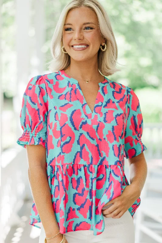 I See The Light Emerald & Pink Leopard Blouse Elegant Lace Blouse