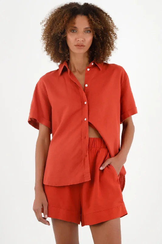 Women's Red Short-Sleeve Shirt-- Chenille Blend Fleece Blend Nylon Blend
