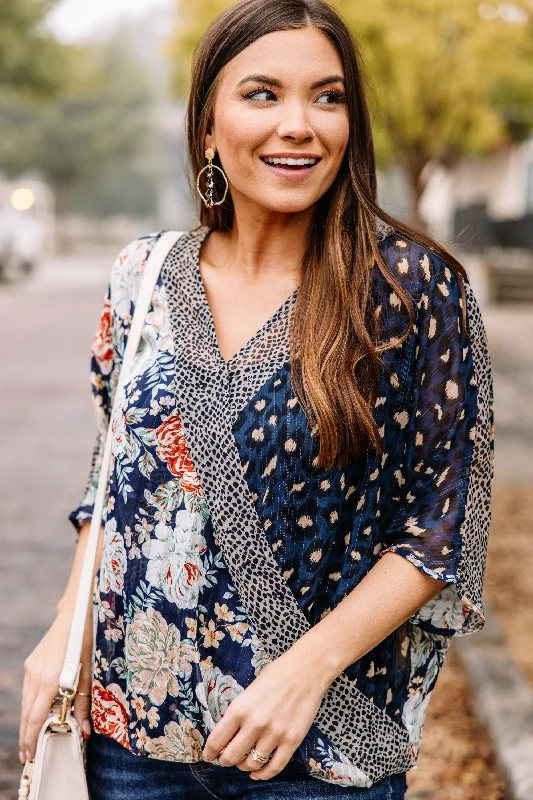 Tell Me Everything Navy Blue Mixed Print Blouse Sweetheart Neck Blouse