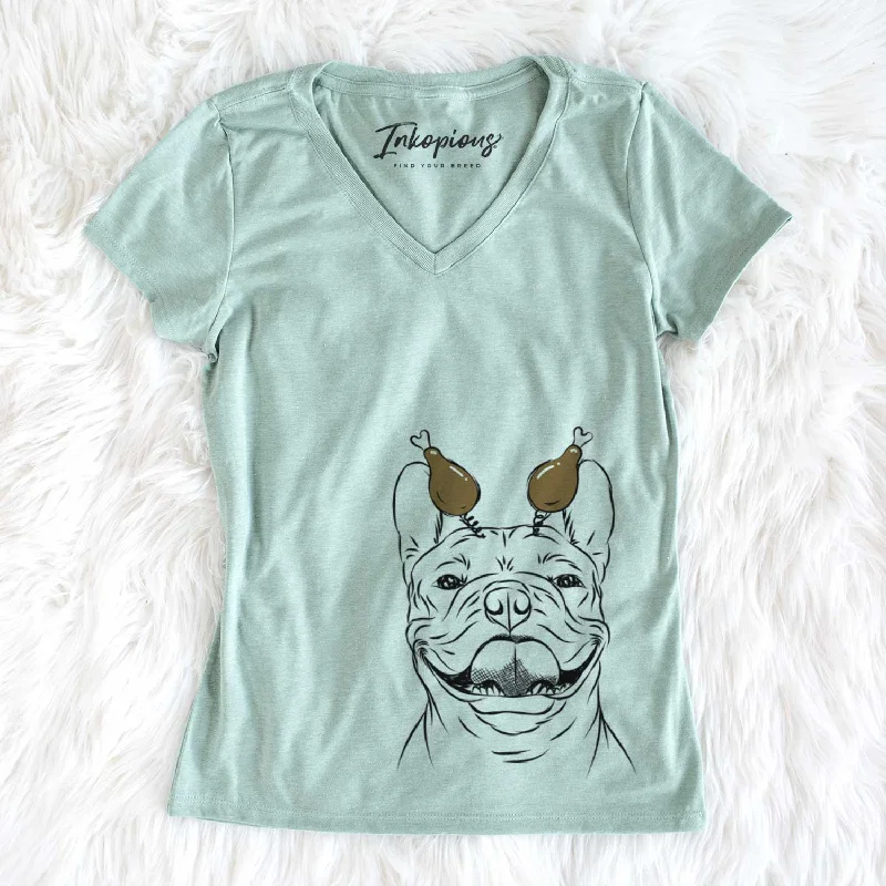 Thanksgiving Gaston the French Bulldog - Women's V-neck Shirt-- Elegant Classic Vintage