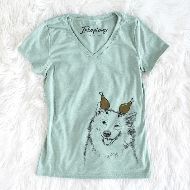 Thanksgiving Caico the Samoyed - Women's V-neck Shirt-- Lace Blend Ribbed Blend Corduroy Blend Thanksgiving Caico the Samoyed - Women's V-neck Shirt-- Lace Blend Ribbed Blend Corduroy Blend