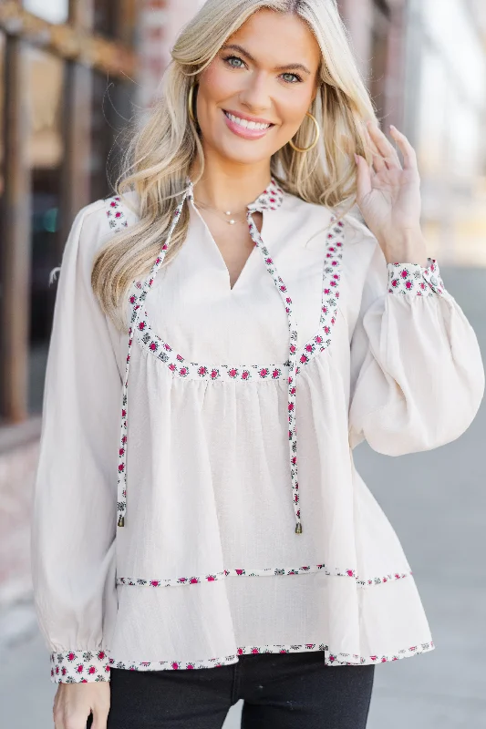 On The Run Ecru Floral Trim Blouse Elegant Lace Blouse