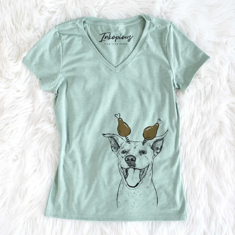 Thanksgiving Maddie the Dalmatian Pitbull Mix - Women's V-neck Shirt-- Terry Blend Velvet Blend Canvas Blend Thanksgiving Maddie the Dalmatian Pitbull Mix - Women's V-neck Shirt-- Terry Blend Velvet Blend Canvas Blend