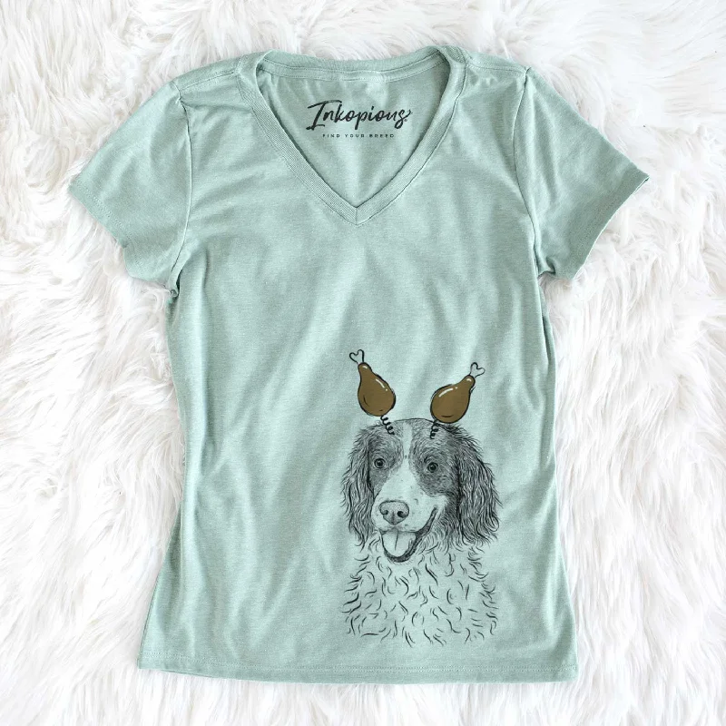 Thanksgiving Maggie the Springer Spaniel - Women's V-neck Shirt-- Sequined Glittery Shiny