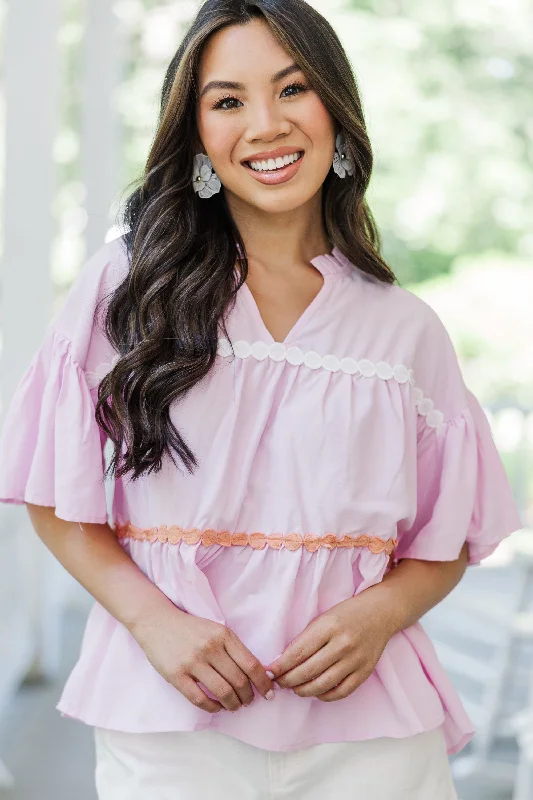 Just Can't Lose Pink Rickrack Blouse Feminine Satin Blouse