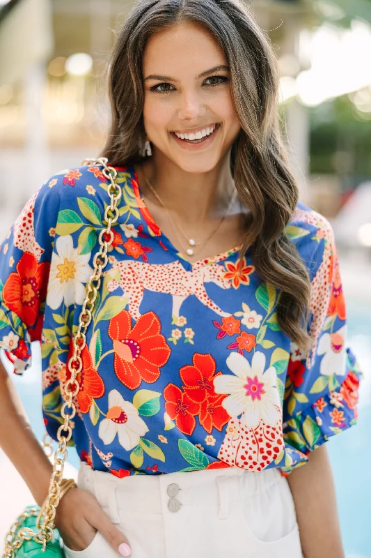 Always Summer Royal Blue Floral Blouse Smart Business Blouse