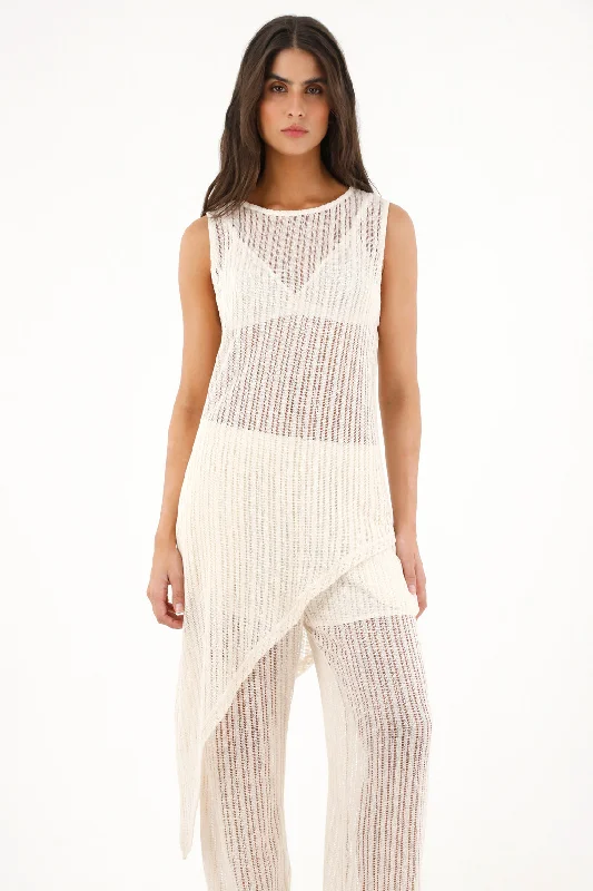 Women's long open-knit cream shirt-- Mesh Fabric Canvas Fabric Denim Fabric