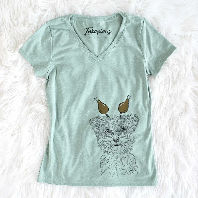 Thanksgiving Kiwi the Morkie - Women's V-neck Shirt-- Nylon Fabric Polyester Fabric Spandex Fabric Thanksgiving Kiwi the Morkie - Women's V-neck Shirt-- Nylon Fabric Polyester Fabric Spandex Fabric