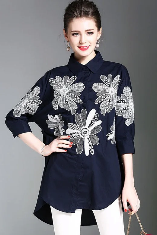 Oversized Floral Embroidered Blouse Floral Print Blouse