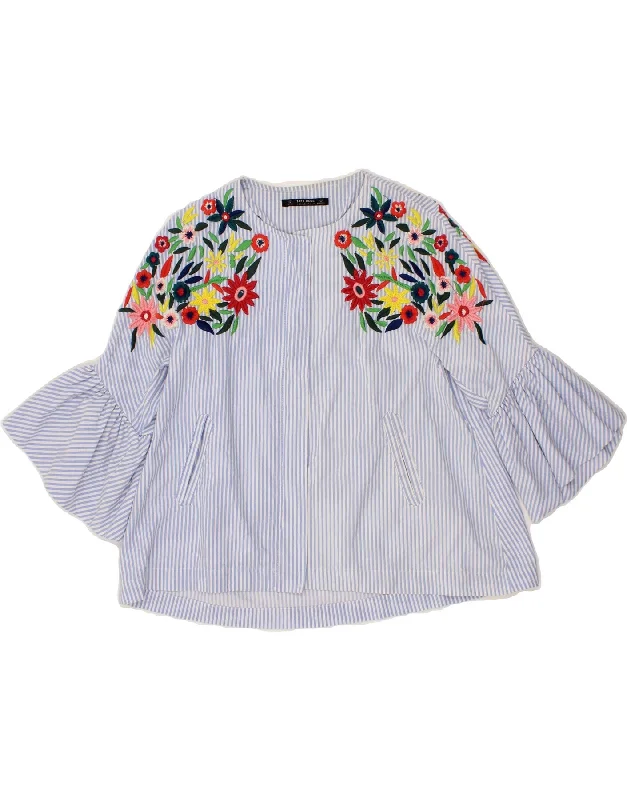 ZARA Womens Blouse Top UK 16 Large Blue Pinstripe Cotton Office-Ready Blouse