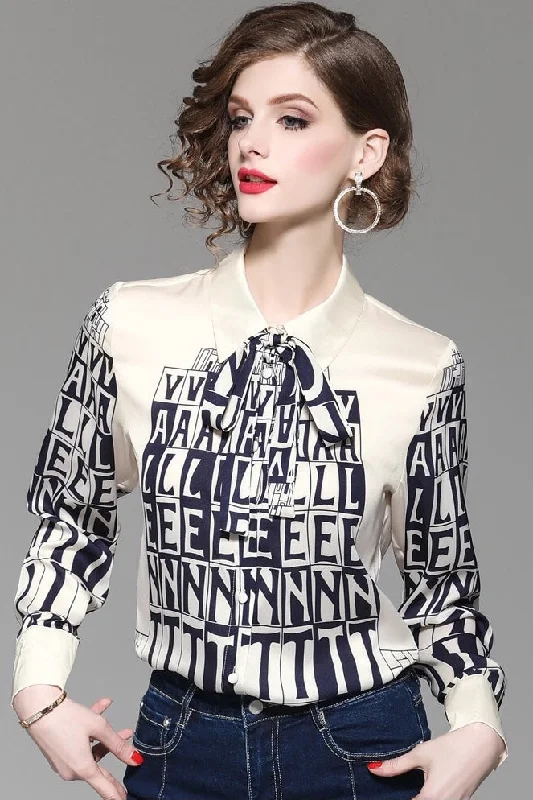 Letter Print Satin Blouse Silky Tunic Blouse