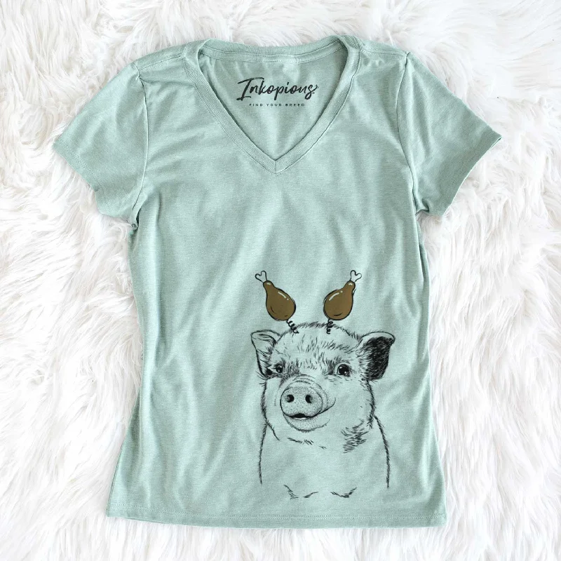 Thanksgiving Kevin the Spotted Pig - Women's V-neck Shirt-- Satin Blend Silk Blend Wool Blend Thanksgiving Kevin the Spotted Pig - Women's V-neck Shirt-- Satin Blend Silk Blend Wool Blend