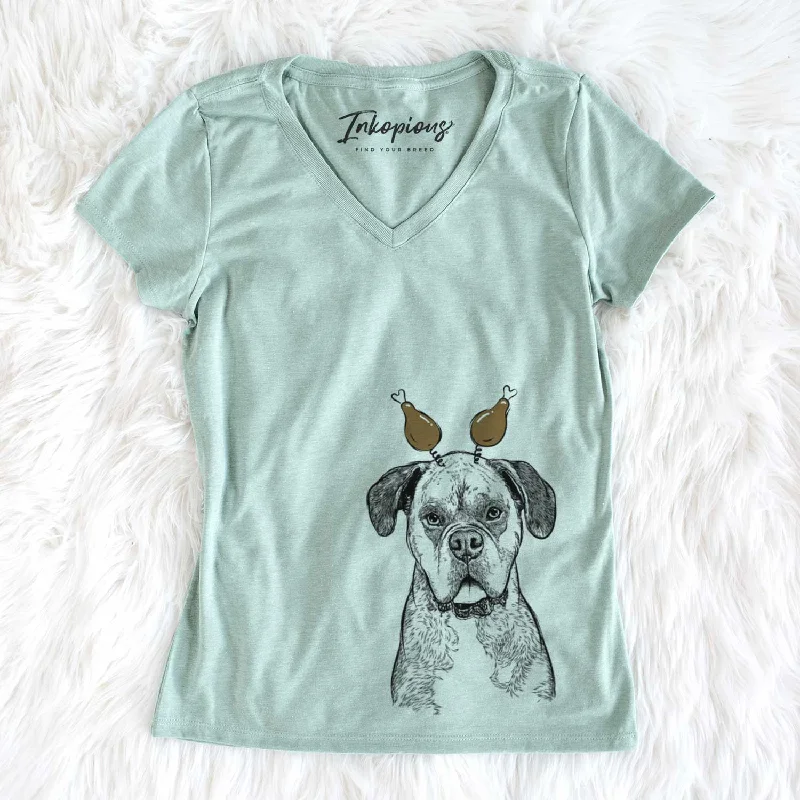 Thanksgiving Floydie Bear the Boxer - Women's V-neck Shirt-- Iron Safe Non-Iron Wrinkle Free Thanksgiving Floydie Bear the Boxer - Women's V-neck Shirt-- Iron Safe Non-Iron Wrinkle Free