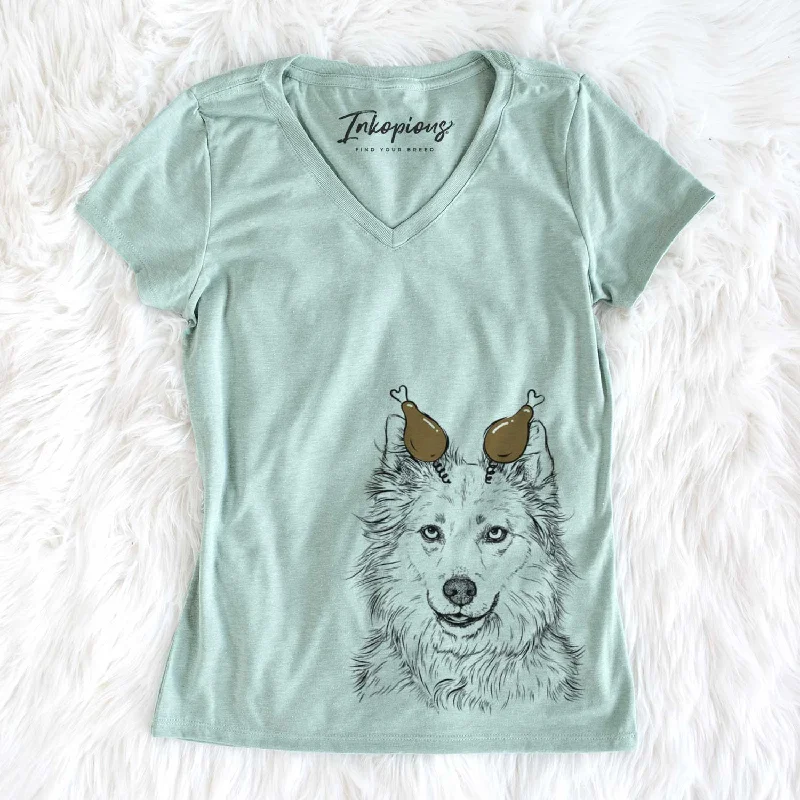 Thanksgiving Chia the Samoyed Husky Mix - Women's V-neck Shirt-- Terry Blend Velvet Blend Canvas Blend Thanksgiving Chia the Samoyed Husky Mix - Women's V-neck Shirt-- Terry Blend Velvet Blend Canvas Blend