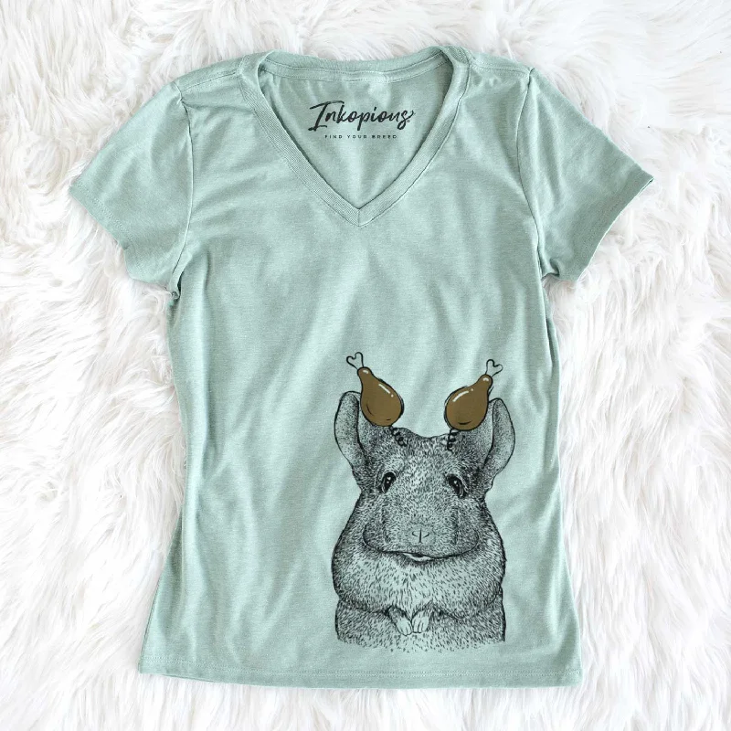 Thanksgiving Mojo the Chinchilla - Women's V-neck Shirt-- Ribbed T-Shirt High Neck Heavyweight
