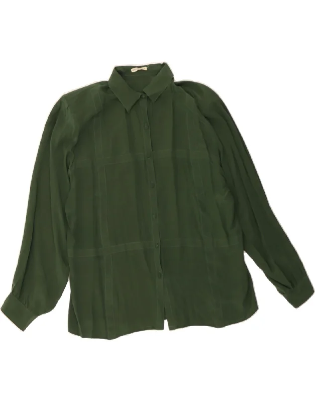 VINTAGE Womens Shirt Blouse UK 16 Large Green Check Silk Double Button Blouse