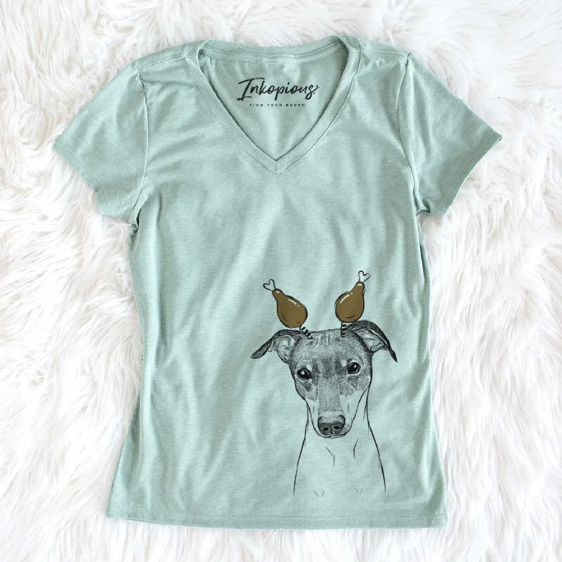 Thanksgiving Momo the Japanese Terrier - Women's V-neck Shirt-- Fitted T-Shirt Seamless Stretchy