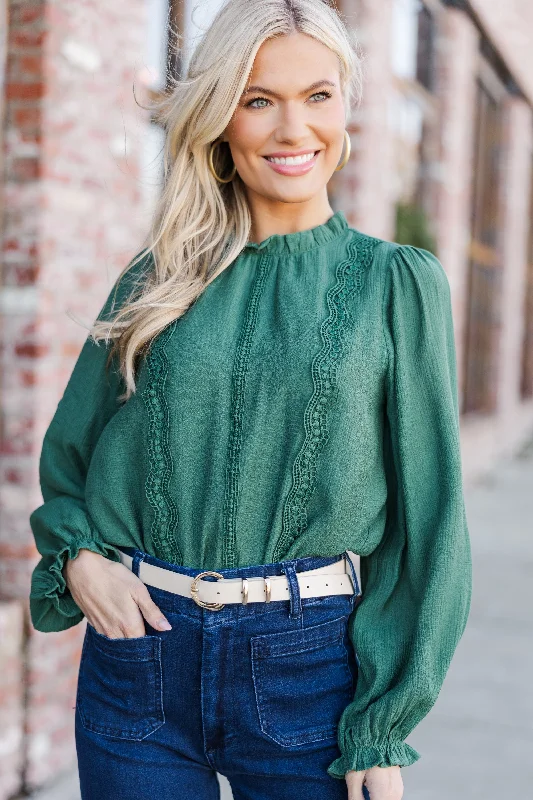 Wish You Were Here Emerald Green Crochet L/S Blouse Satin Long Blouse