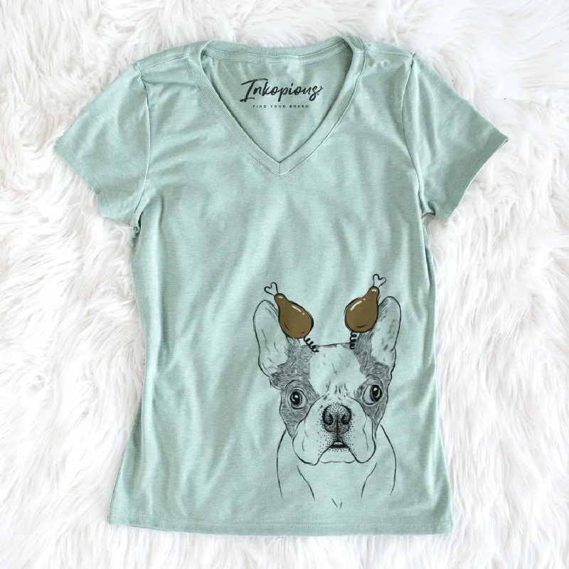 Thanksgiving Chocolate Chip the Boston Terrier - Women's V-neck Shirt-- Machine Wash Dry Clean Hand Wash Thanksgiving Chocolate Chip the Boston Terrier - Women's V-neck Shirt-- Machine Wash Dry Clean Hand Wash