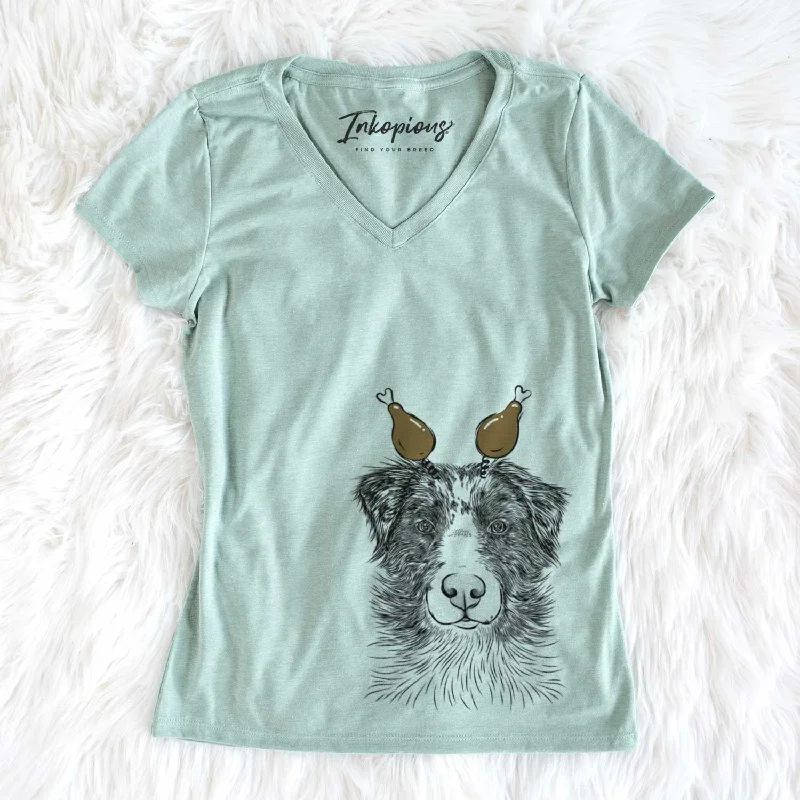 Thanksgiving Gram the Australian Shepherd - Women's V-neck Shirt-- Houndstooth Herringbone Solid Thanksgiving Gram the Australian Shepherd - Women's V-neck Shirt-- Houndstooth Herringbone Solid