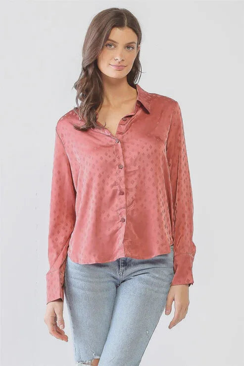 SATIN DIAMOND PRINT BUTTON-UP LONG SLEEVE T-SHIRT TOP-- Casual Formal Business