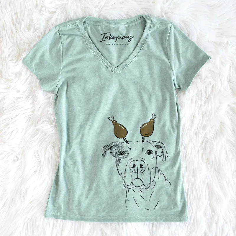 Thanksgiving Gummy the Pitbull - Women's V-neck Shirt-- Satin Blend Silk Blend Wool Blend Thanksgiving Gummy the Pitbull - Women's V-neck Shirt-- Satin Blend Silk Blend Wool Blend