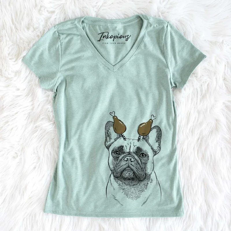 Thanksgiving Kingsleigh the French Bulldog - Women's V-neck Shirt-- Jersey Fabric Tulle Fabric Batik Fabric