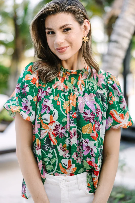 All In The Plans Green Floral Blouse Silky Tunic Blouse