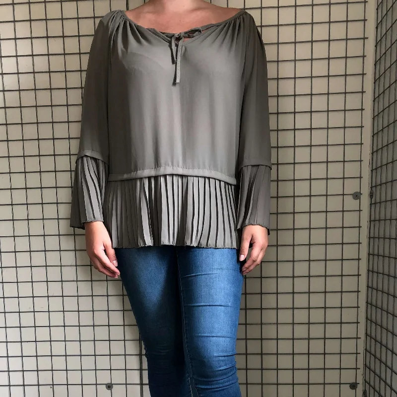 Khaki Pleated Edge Tie Front Blouse Lightweight Linen Blouse
