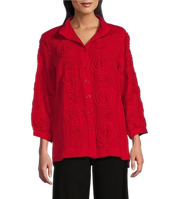 Red Blouse w/ Pop Up Floral Ruched Sleeve Blouse