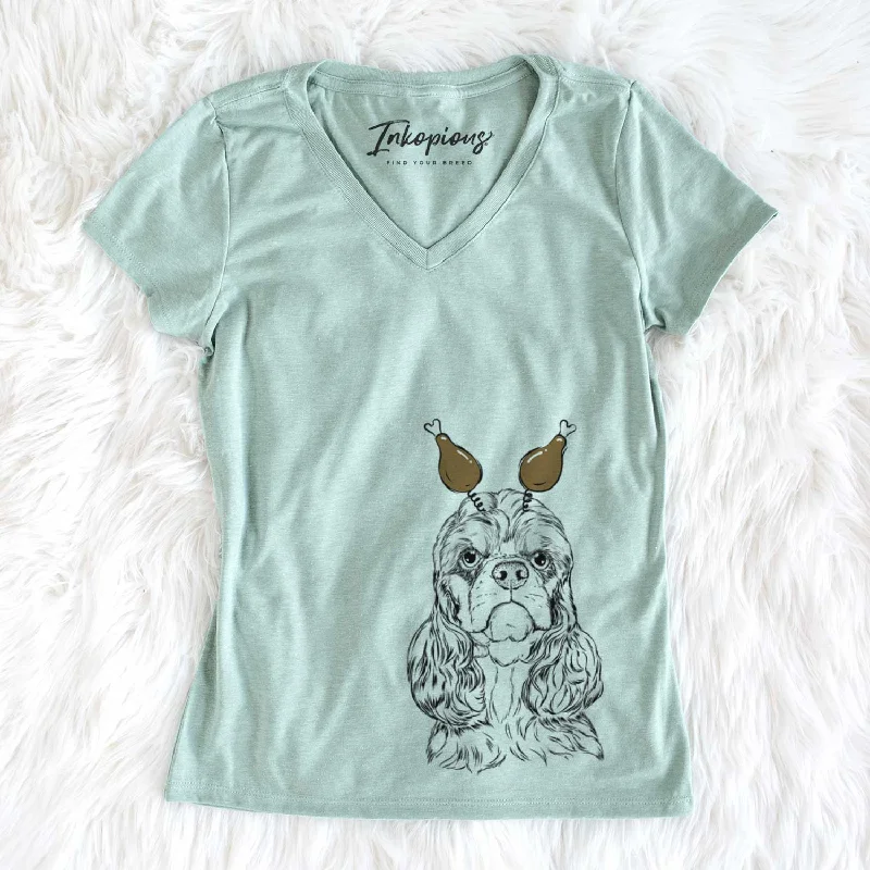 Thanksgiving Emma the Cocker Spaniel - Women's V-neck Shirt-- Solid Print Embellished Thanksgiving Emma the Cocker Spaniel - Women's V-neck Shirt-- Solid Print Embellished