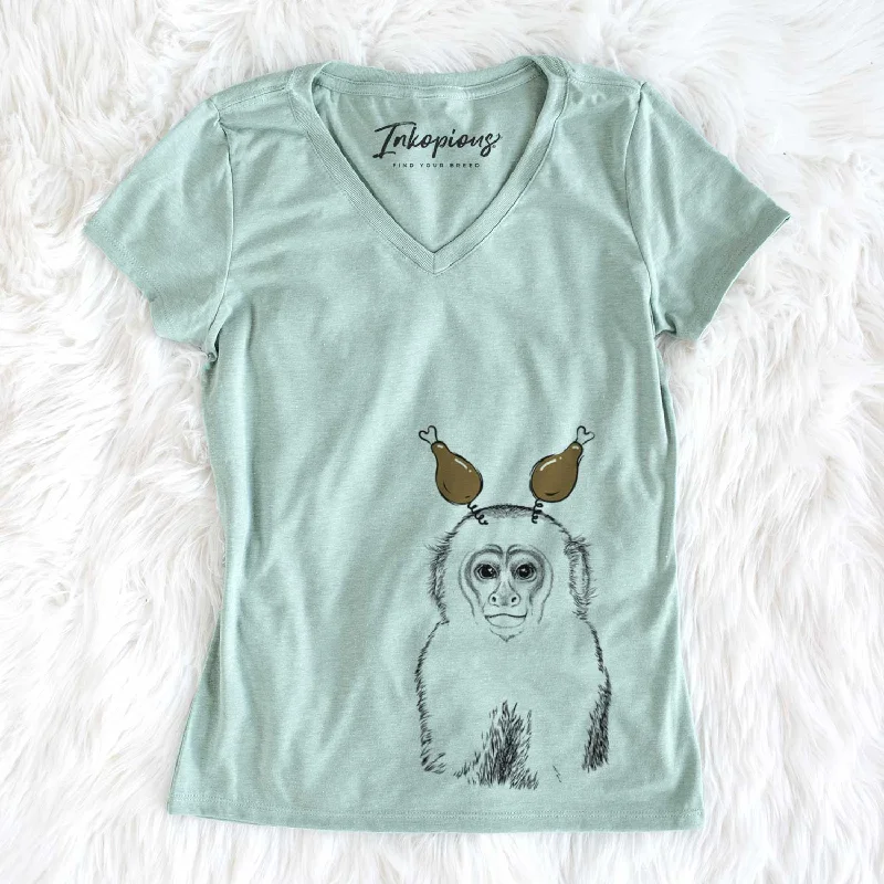 Thanksgiving Marcel the Capuchin Monkey - Women's V-neck Shirt-- Front Pockets Side Pockets Patch Pockets Thanksgiving Marcel the Capuchin Monkey - Women's V-neck Shirt-- Front Pockets Side Pockets Patch Pockets
