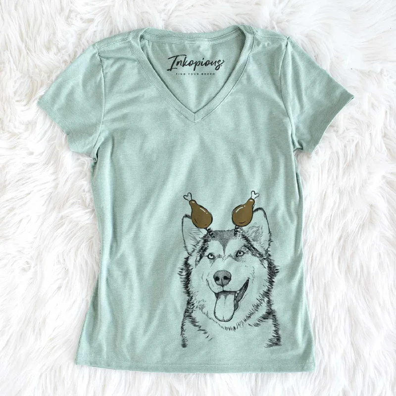 Thanksgiving Kaskae the Alaskan Malamute - Women's V-neck Shirt-- Mesh Blend Leather Blend Suede Blend Thanksgiving Kaskae the Alaskan Malamute - Women's V-neck Shirt-- Mesh Blend Leather Blend Suede Blend