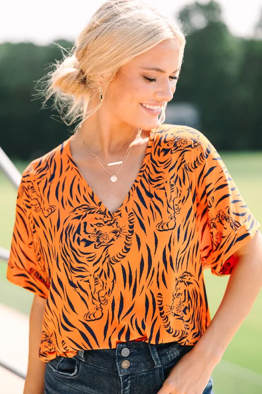 The Madison Orange Tiger Stripe Blouse Sleeveless Chiffon Blouse