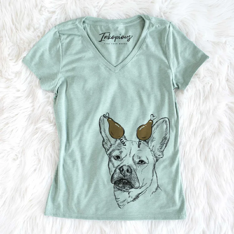 Thanksgiving Frankie the Mixed Breed - Women's V-neck Shirt-- Chenille Brocade Lace