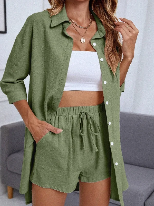 Hazel Blues® | Dropped Shoulder Button Up Shirt and Shorts Set-- Fashionable Trendy Casual Hazel Blues® | Dropped Shoulder Button Up Shirt and Shorts Set-- Fashionable Trendy Casual