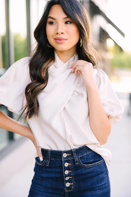 Tell Me More Natural Taupe Satin Blouse Classic Minimalist Blouse