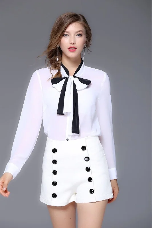 White Blouse W/ Black Tie Elegant Silk Blouse