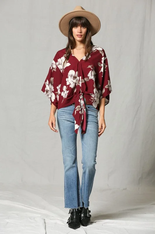 V Neck Floral Print Blouse Chic Wrap Blouse
