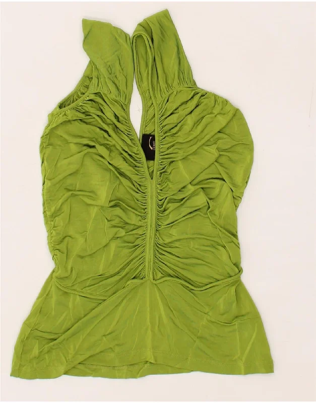 JUST CAVALLI Womens Sleeveless Crop Blouse Top UK 14 Large Green Viscose Casual Stripe Blouse