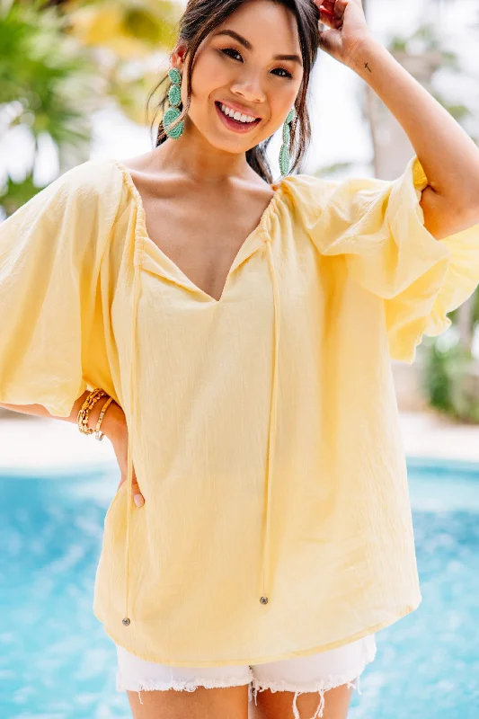 Open To Love Yellow Bubble Sleeve Blouse Gathered Detail Blouse