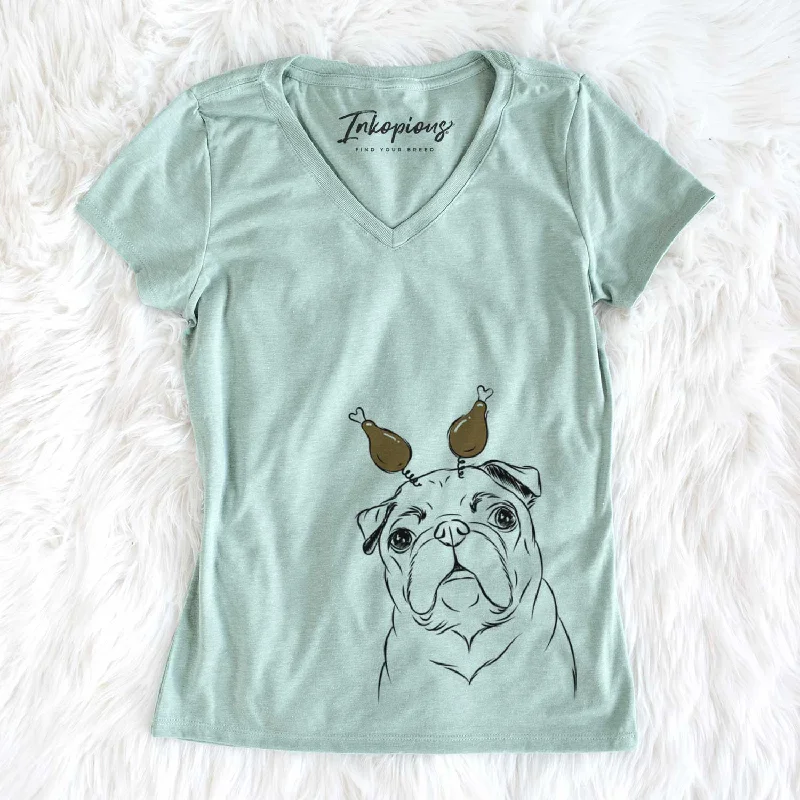 Thanksgiving Darling Chloe the Pug - Women's V-neck Shirt-- Mesh Fabric Canvas Fabric Denim Fabric Thanksgiving Darling Chloe the Pug - Women's V-neck Shirt-- Mesh Fabric Canvas Fabric Denim Fabric