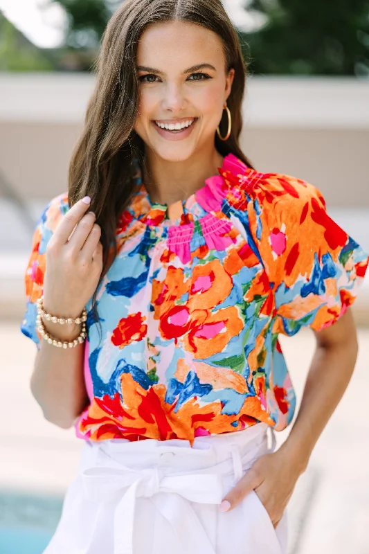 Feeling Fun Coral Floral Bubble Sleeve Blouse Soft Satin Blouse