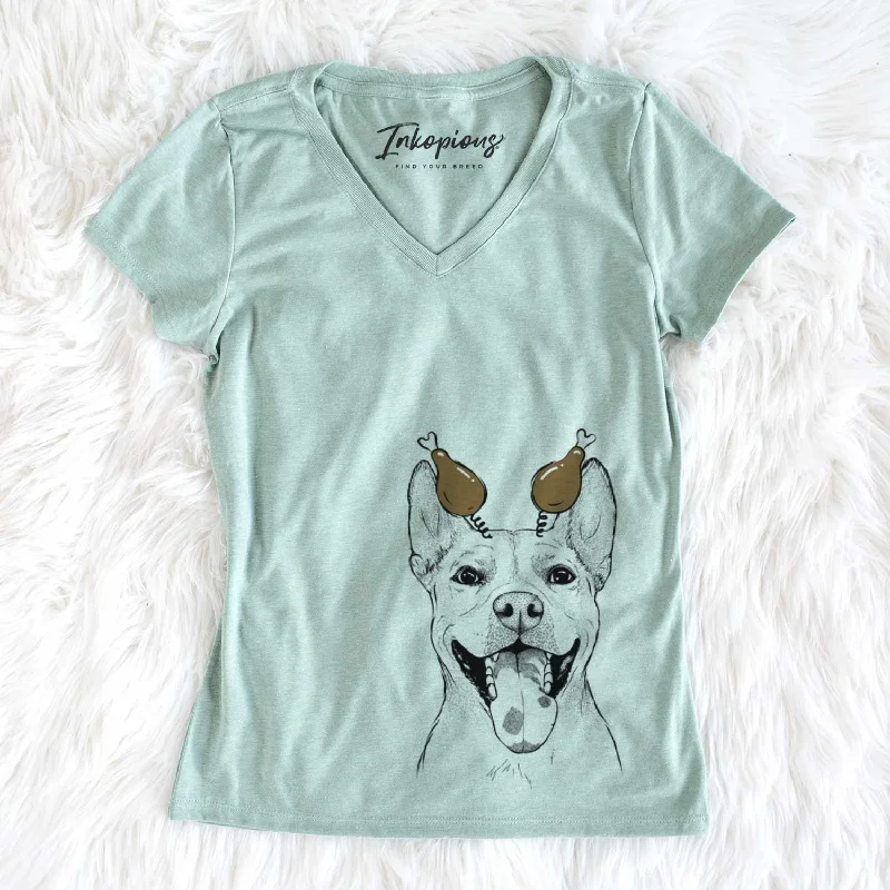 Thanksgiving Khaleesi the Carolina Dog - Women's V-neck Shirt-- Sequined Glittery Shiny Thanksgiving Khaleesi the Carolina Dog - Women's V-neck Shirt-- Sequined Glittery Shiny