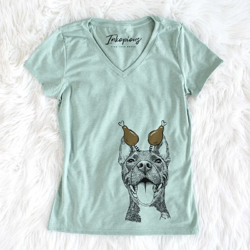 Thanksgiving Milo the Pitbull Mix - Women's V-neck Shirt-- Elegant Classic Vintage